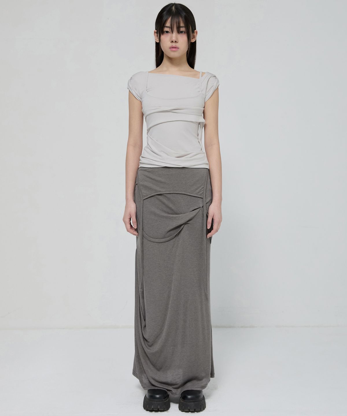 スカート flareup Asymmetrical Draped Long Skirt FLARE UP Asymmetrical Draped Long Skirt (FL-263_Gray) – FAVENUE