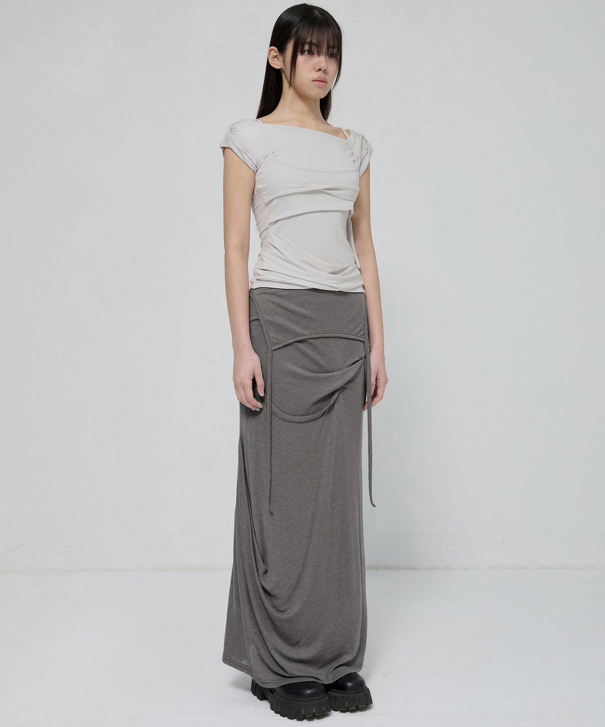 FLARE UP Asymmetrical Draped Long Skirt (FL-263_Gray)