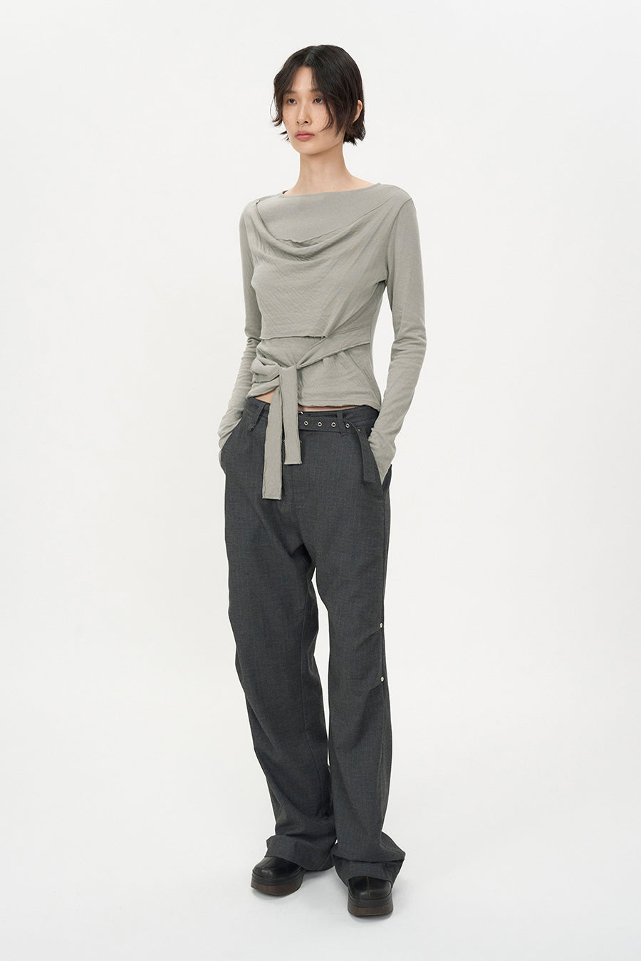 Belted Stripe Pants MELANGE GREY