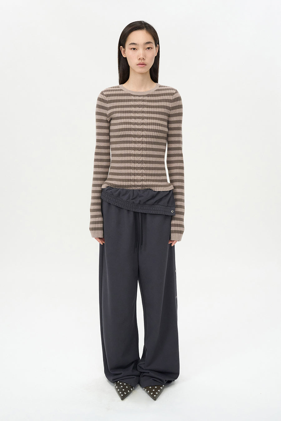 Stripe Cable Pullover PINK BEIGE