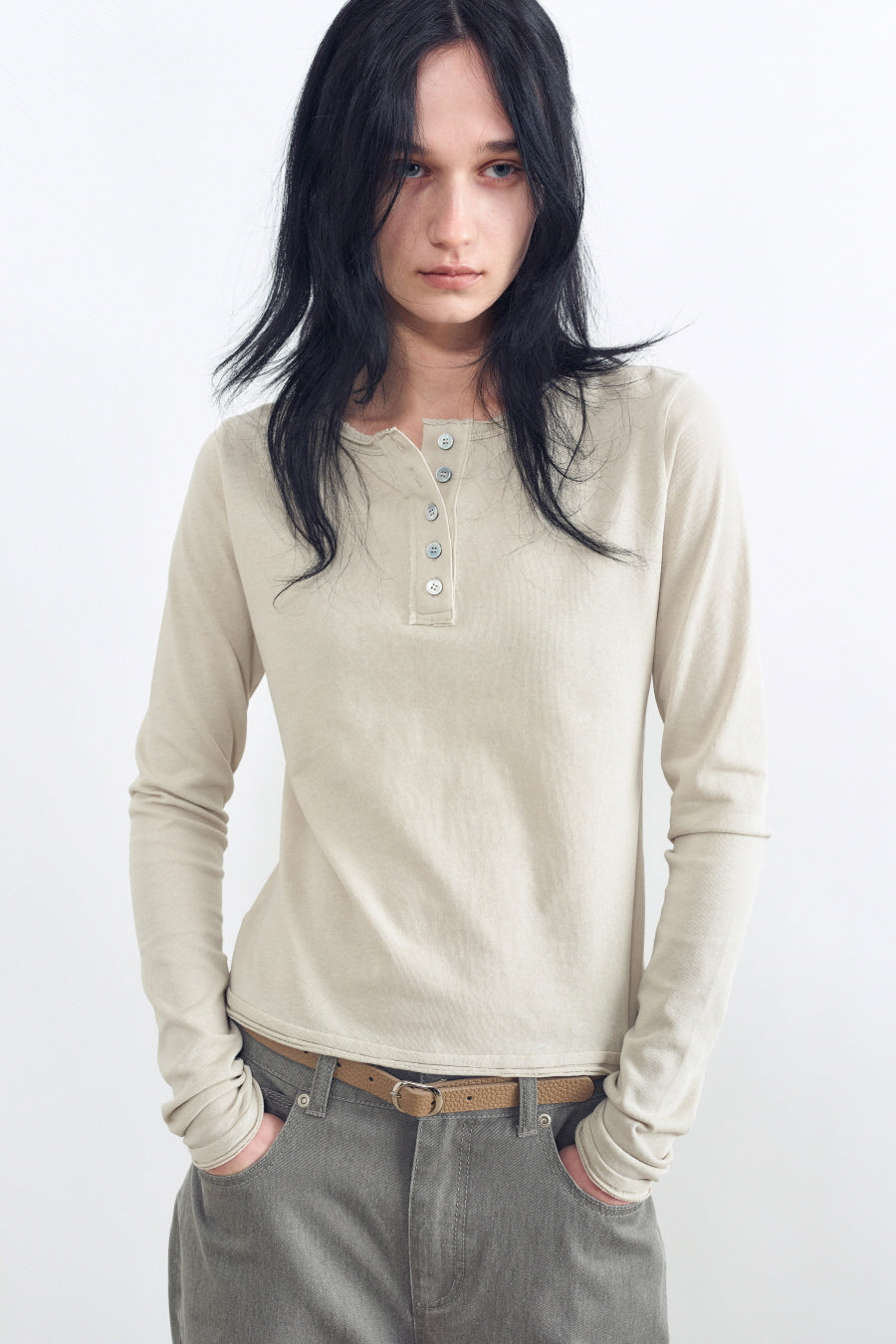 Skinny Studded Leather Belt BEIGE