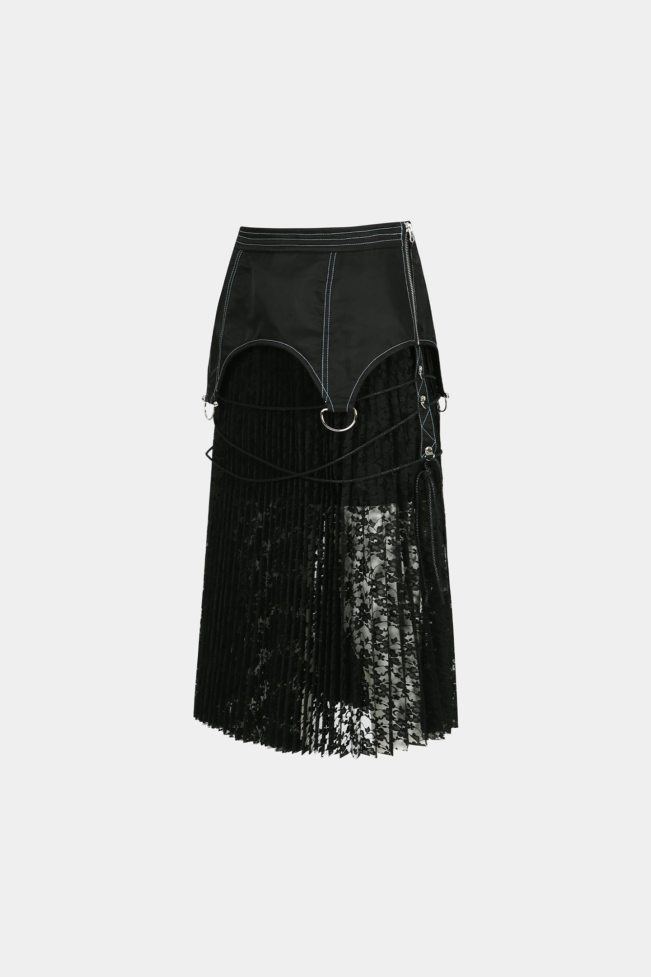 LACE COMBINATION PLEATS LONG SKIRT apa762w (BLACK)