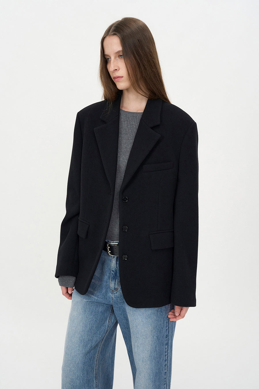 Wool Three-Button Blazer BLACK