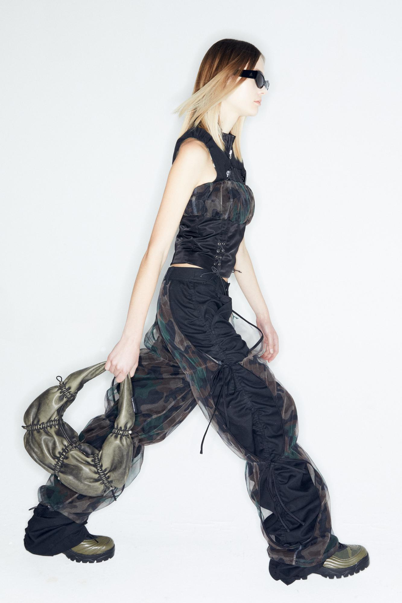 CAMOUFLAGE MESH LAYERED TYING PANTS apa767w (BLACK)