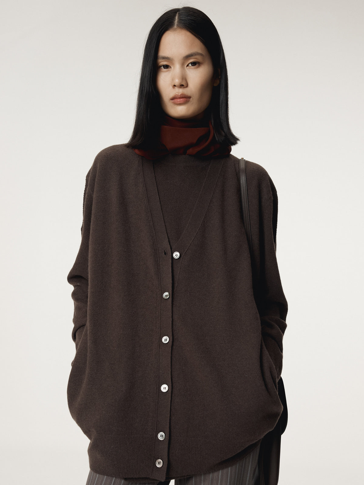 LAYERED CARDIGAN KNIT TOP (DARK CHOCOLATE)