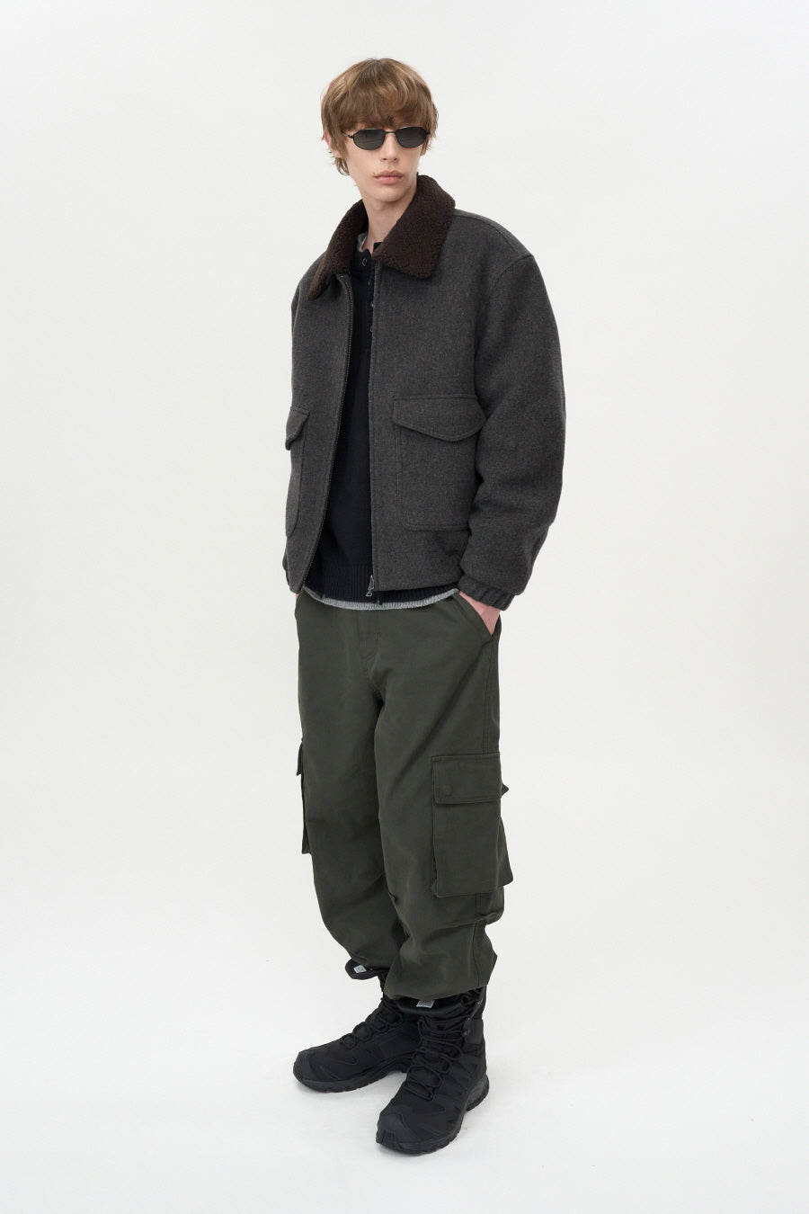 Detachable Collar Cashmere Blouson GREY BROWN