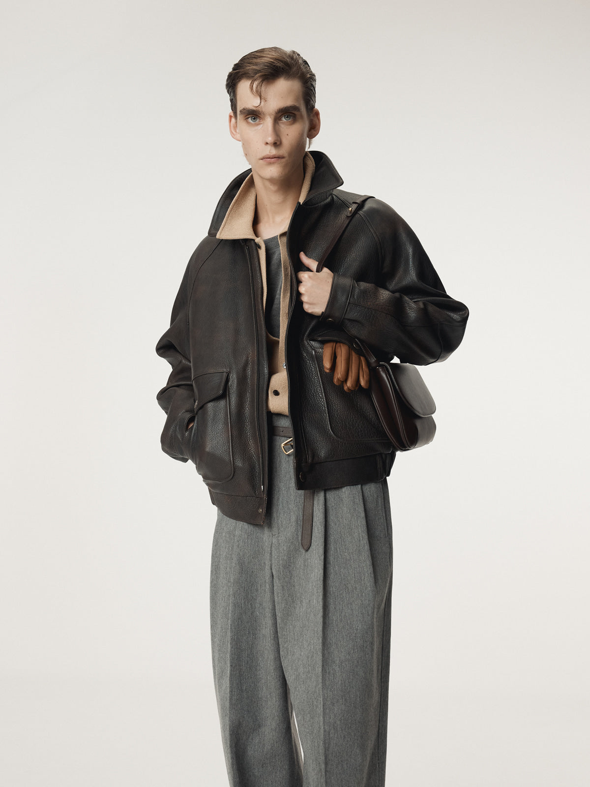 MENS OVERSIZED SHEARING LEATHER JUMPER (VINTAGE BROWN)