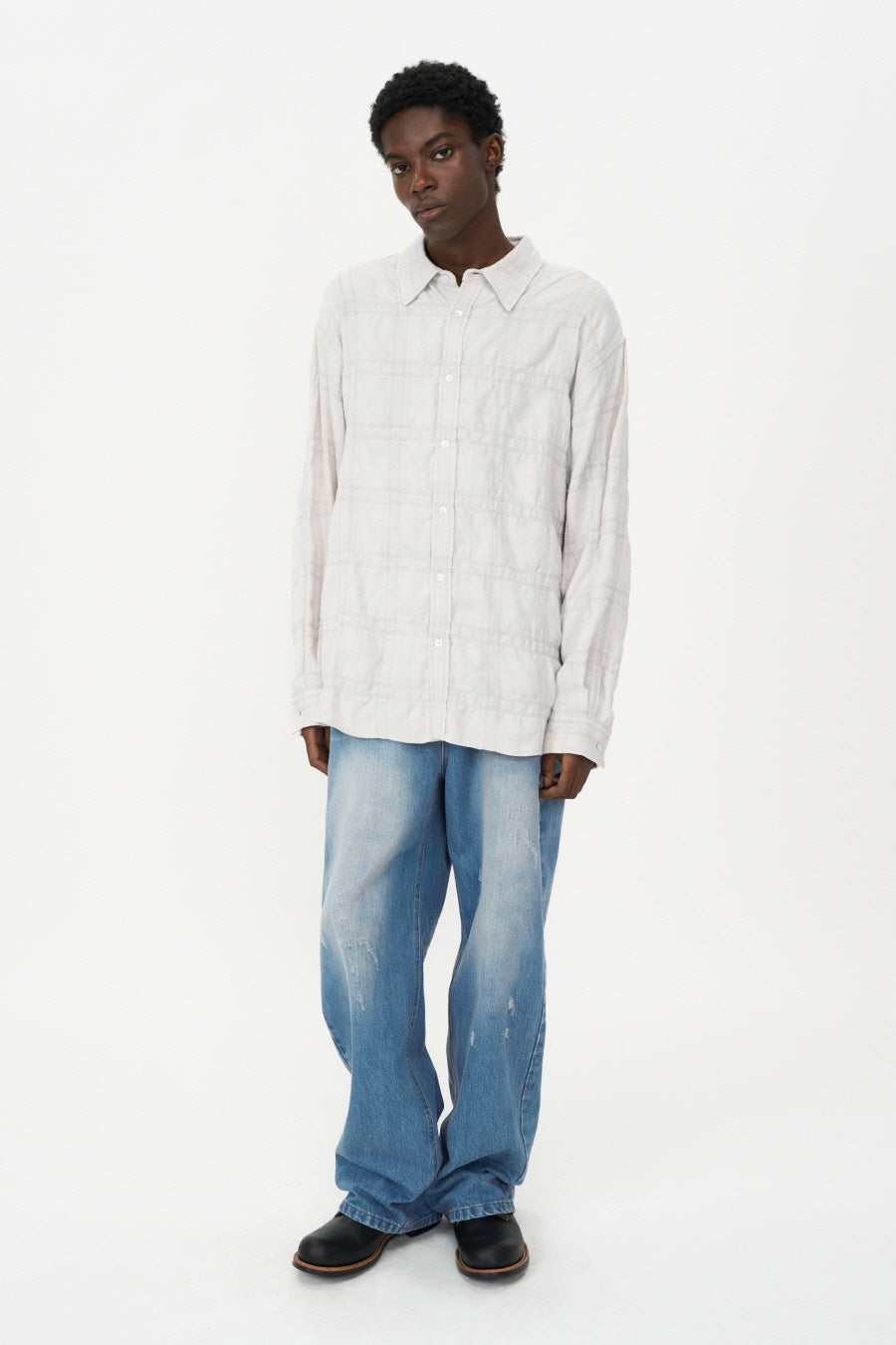 Wool Cotton Wrinkle Check Shirt CREAM