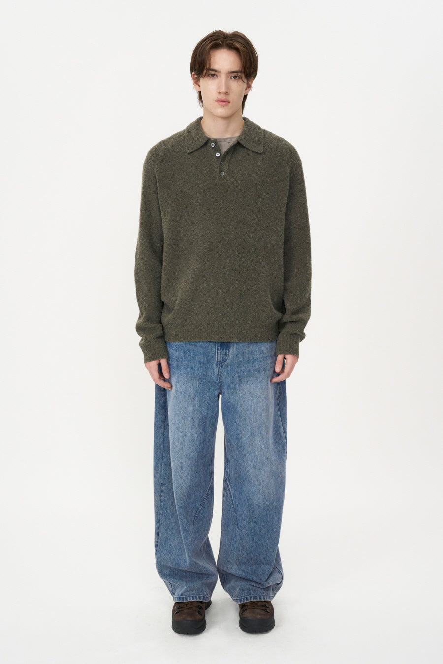 Baby Alpaca Boucle Collar Knit KHAKI