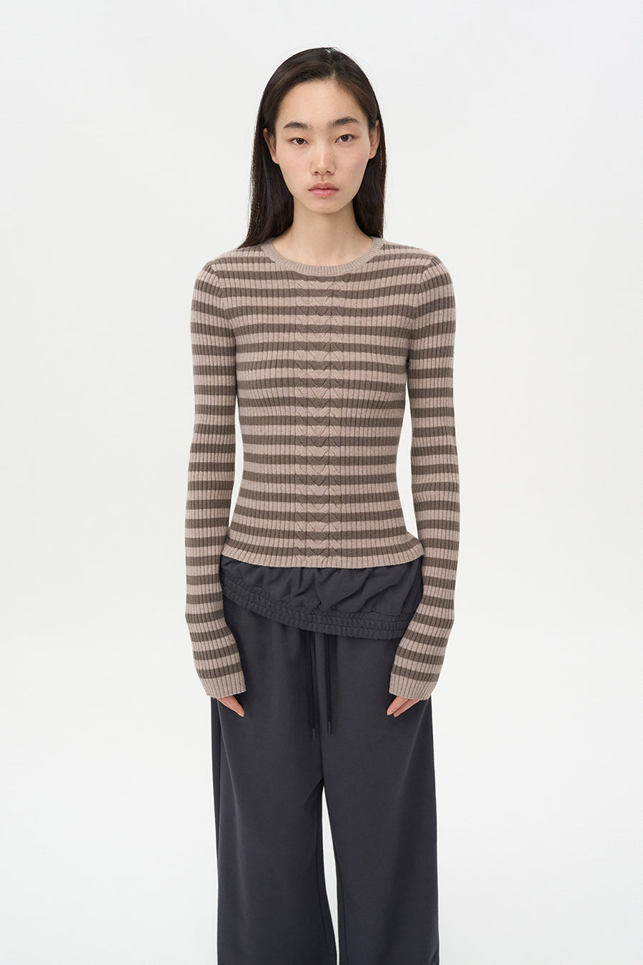 Stripe Cable Pullover PINK BEIGE