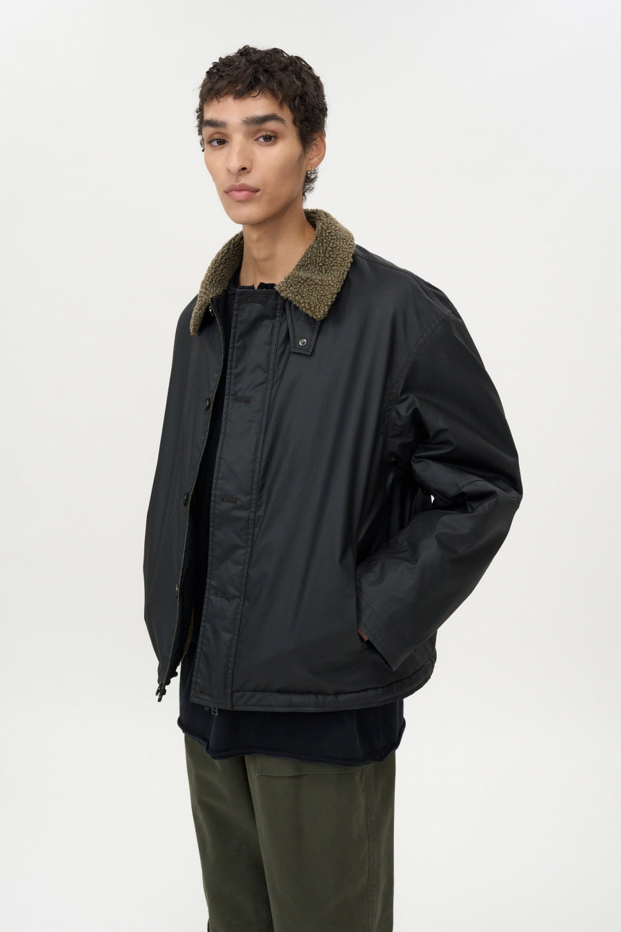 Waxed Cotton Shearling Deck Jacket BLACK
