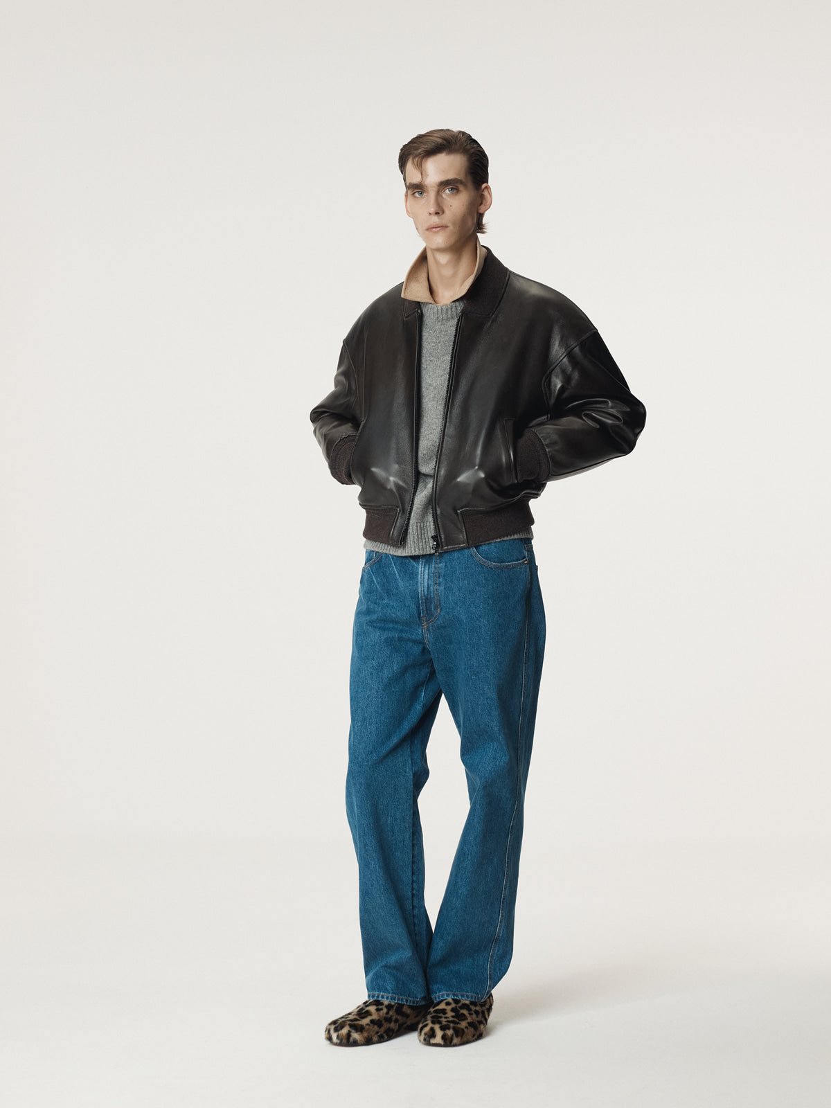 VINTAGE EFFECT LEATHER BOMBER (VINTAGE BROWN)