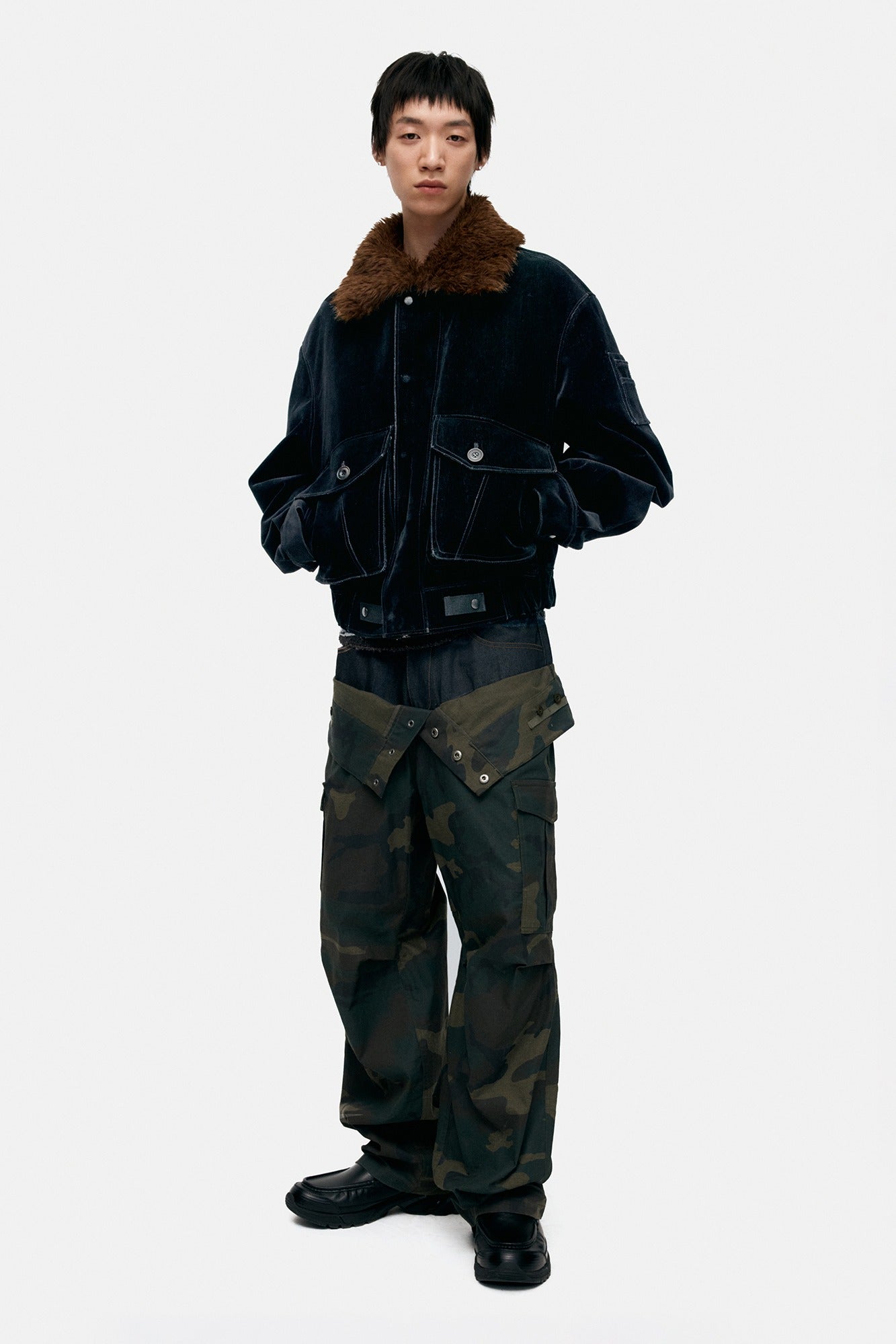 [Restock] UNISEX CAMOUFLAGE DOUBLE WAIST WORK WIDE-LEG JEANS apa853u(NAVY/GREEN)
